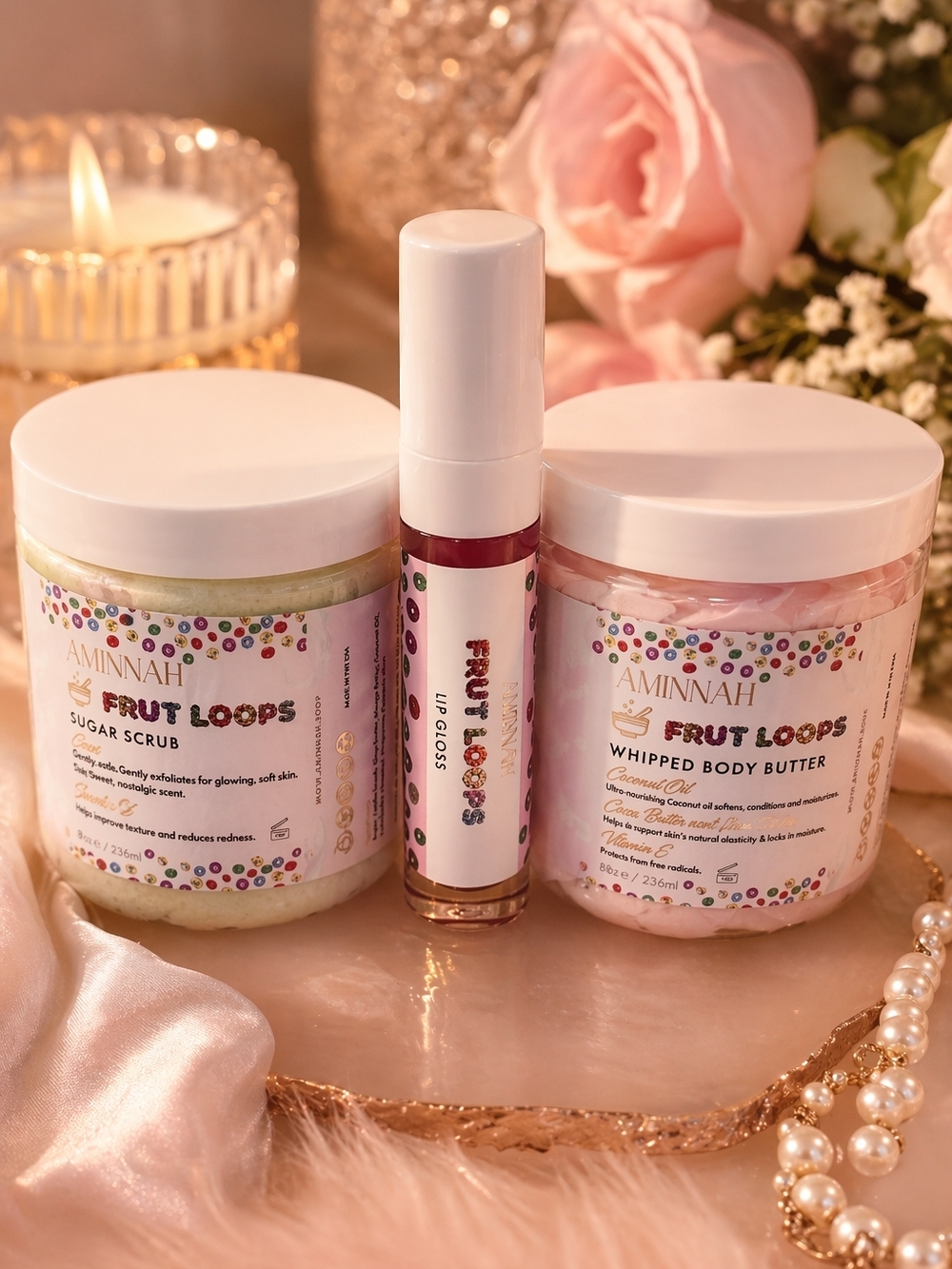 🍓 Aminnah Fruit Loops Body Care Bundle – Whipped Butter, Sugar Scrub & Lip Glos